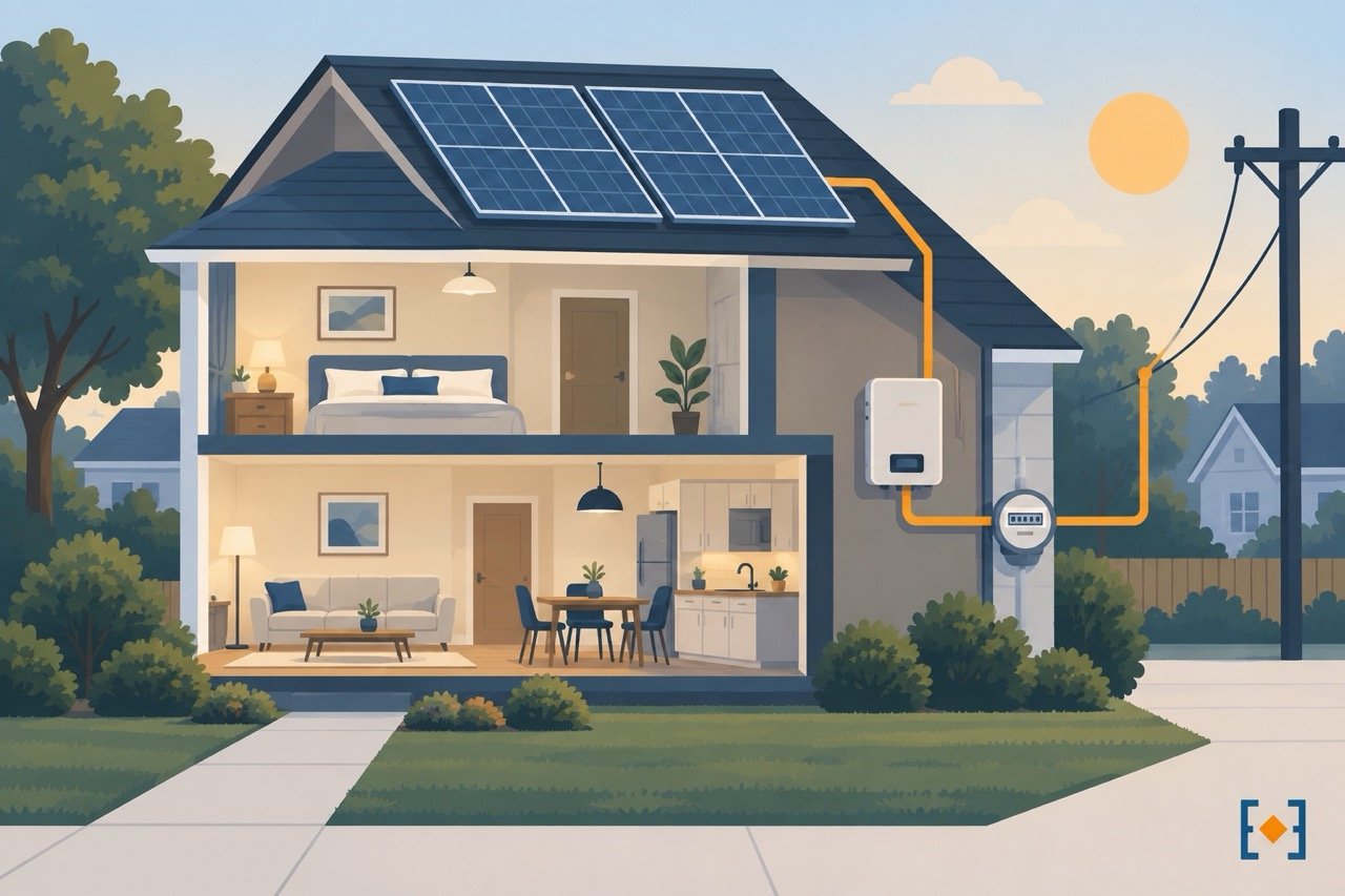Illustration of a residential solar system showing rooftop panels, an inverter, and a utility meter