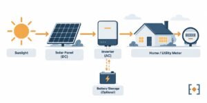Diagram showing the flow of electricity from solar panels through the inverter to the home and utility meter, with an optional battery path
How electricity actually moves through a home solar system