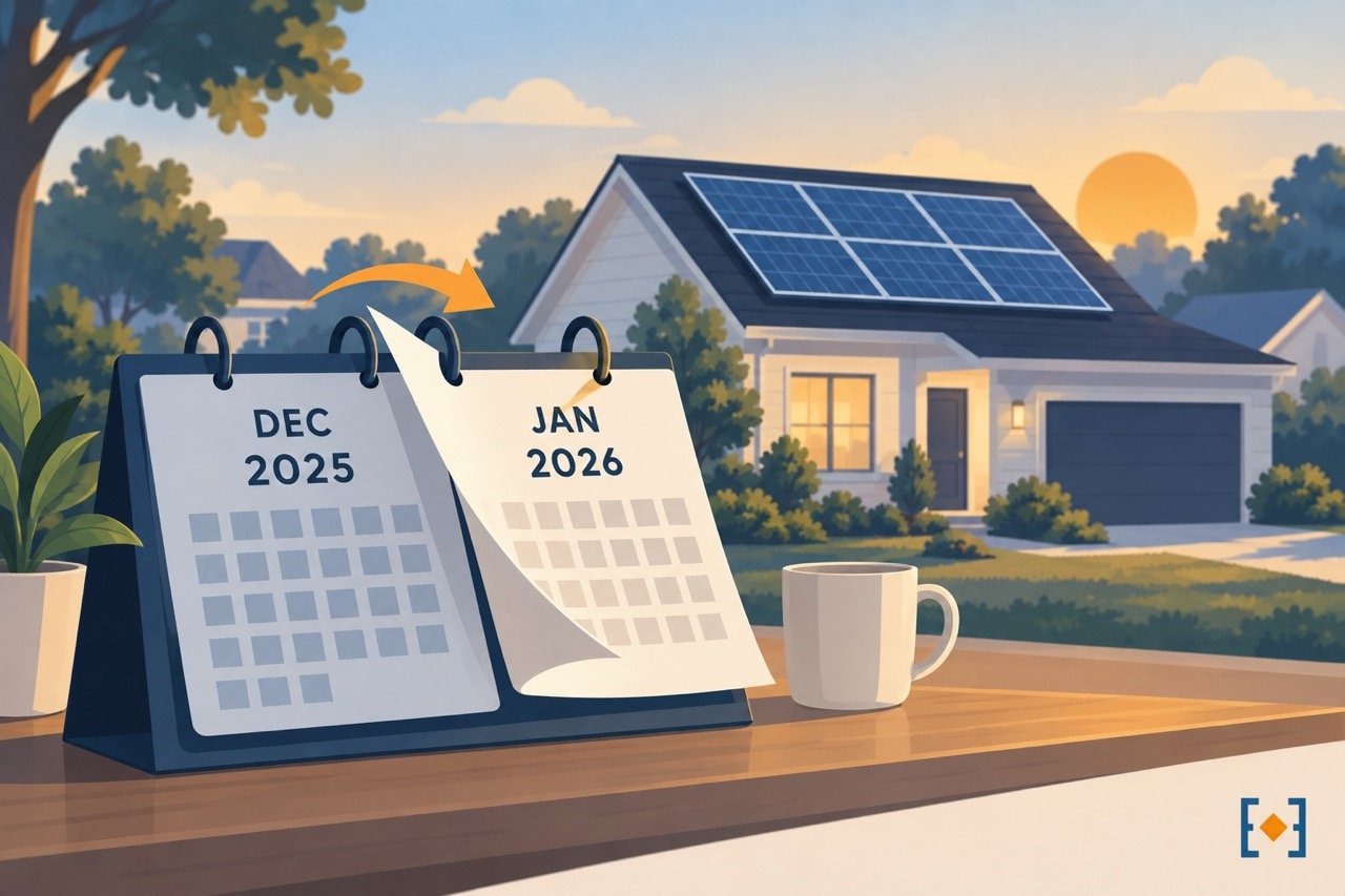 Illustration representing the transition from 2025 to 2026 for a home with rooftop solar panels