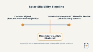 Timeline diagram showing that installation completion, not contract signing date, determines federal tax credit eligibility, with the December 31 2025 deadline marked
What actually counts toward the deadline