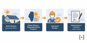 Diagram showing how Illinois Shines REC value flows from a solar system through the Adjustable Block Program and an Approved Vendor to a homeowner's contract
How REC value actually reaches a homeowner