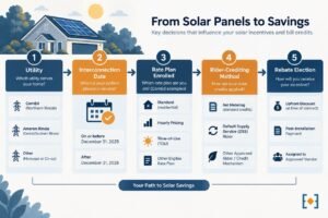 Diagram showing the five factors that determine which Illinois net metering rules apply to a solar customer: utility, interconnection date, rate plan, rider/crediting method, and rebate election
The variables that determine your specific net metering treatment