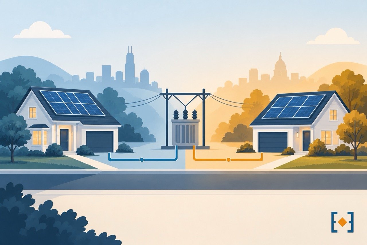 A clean flat illustration of two stylized houses with rooftop solar, each connected to a simple grid icon, muted professional palette, no fabricated numbers, no real utility branding.