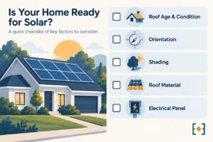 Checklist graphic listing the five factors that affect whether a roof is a good candidate for solar: age and condition, orientation, shading, roof material, and electrical panel capacity
Five things to check before you call an installer