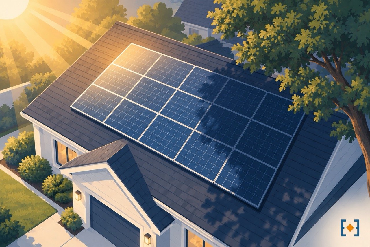 Illustration of a suburban rooftop showing sun exposure and partial shading considerations for solar suitability