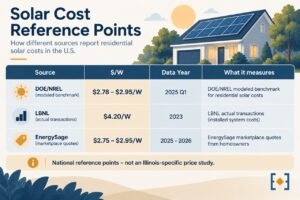 Comparison table showing three different national residential solar cost-per-watt reference points from DOE/NREL, Lawrence Berkeley National Laboratory, and EnergySage, each dated and labeled by what it measures, with a note that these are national figures, not an Illinois-specific study
Three national reference points, three different measurements - none of them an Illinois-specific study