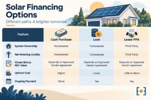 Comparison table showing ownership, net metering credits, Illinois Shines REC value, upfront cost, and ongoing payment differences between cash purchase, solar loan, and lease/PPA financing
Ownership settles net metering credits, but REC value still depends on your Approved Vendor agreement
