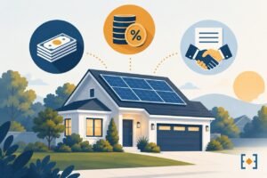 Illustration representing different ways to pay for a home solar system: cash, loan, or lease/PPA