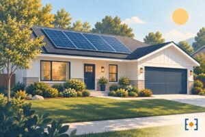Illustration of a modest home with rooftop solar panels representing the Illinois Solar for All program