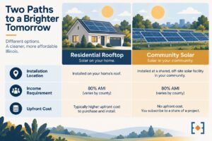 Comparison graphic showing the two Illinois Solar for All residential paths, rooftop and community solar, side by side