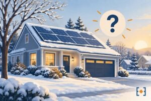 Illustration of a home with rooftop solar panels in winter, representing common homeowner questions about solar