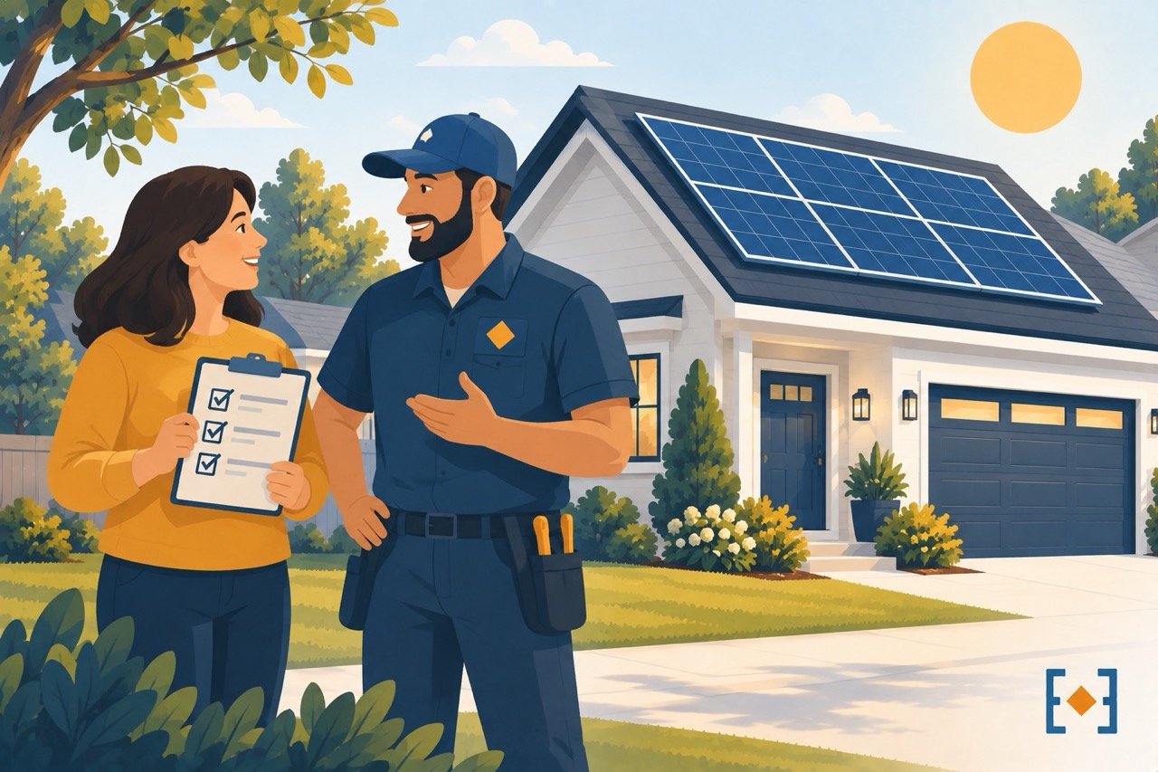 Illustration of a homeowner reviewing a checklist with a solar installer in front of a home with rooftop solar panels