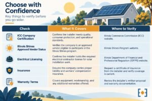 Table showing the five separate things to verify about a solar installer: ICC certification, Illinois Shines Approved Vendor status, electrical licensing, insurance, and warranty terms.  Five separate checks, not one.