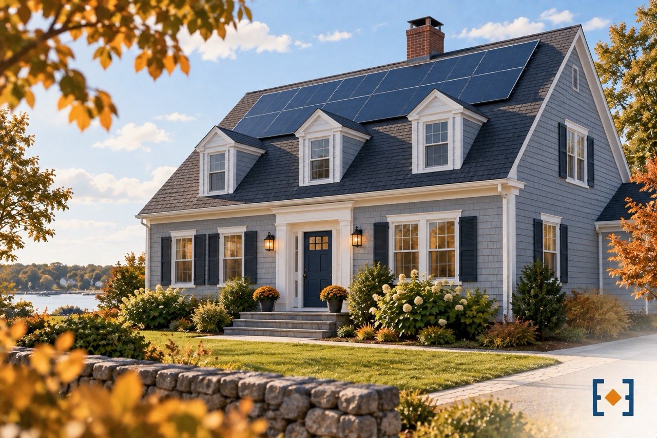 A Massachusetts home with a rooftop solar panel system installed.