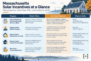 Table comparing Massachusetts's five solar incentive programs: SMART, net metering, sales tax exemption, property tax exemption, and the state income tax credit.
