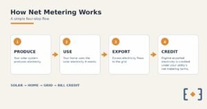 Four-step diagram: solar production, home use, grid export, and bill credit.
How a solar credit moves from your roof to your bill