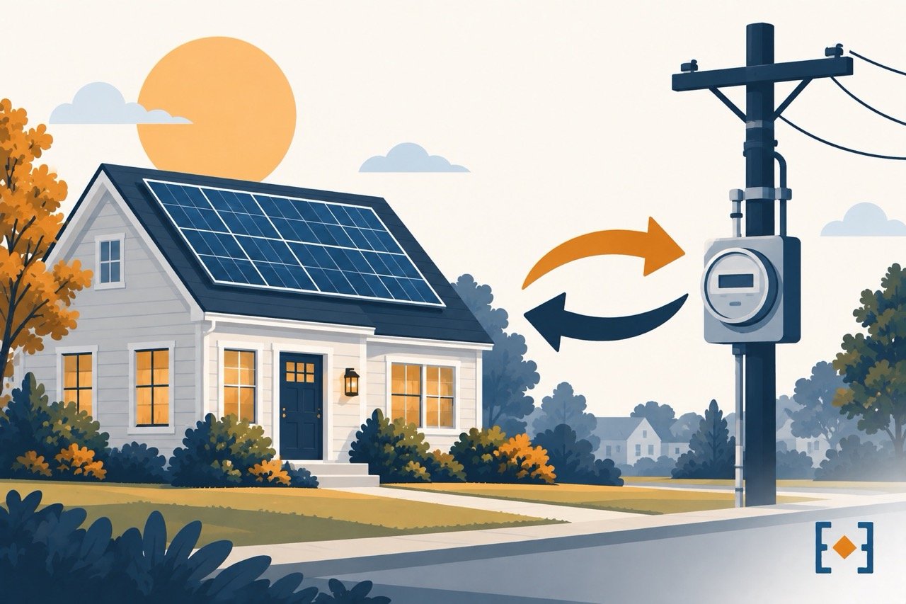 Diagram showing solar energy flowing from a home to the electric grid and back as a bill credit.
