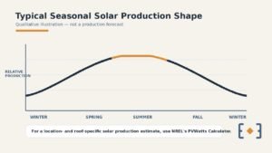 Illustration showing solar production is lower in winter months and higher in summer months, without specific numeric claims.
Solar production is lower in winter and higher in summer
