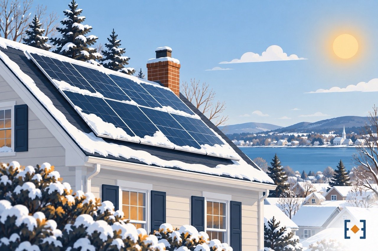 A Massachusetts home's rooftop solar panels with light snow beginning to clear from the panel surfaces.