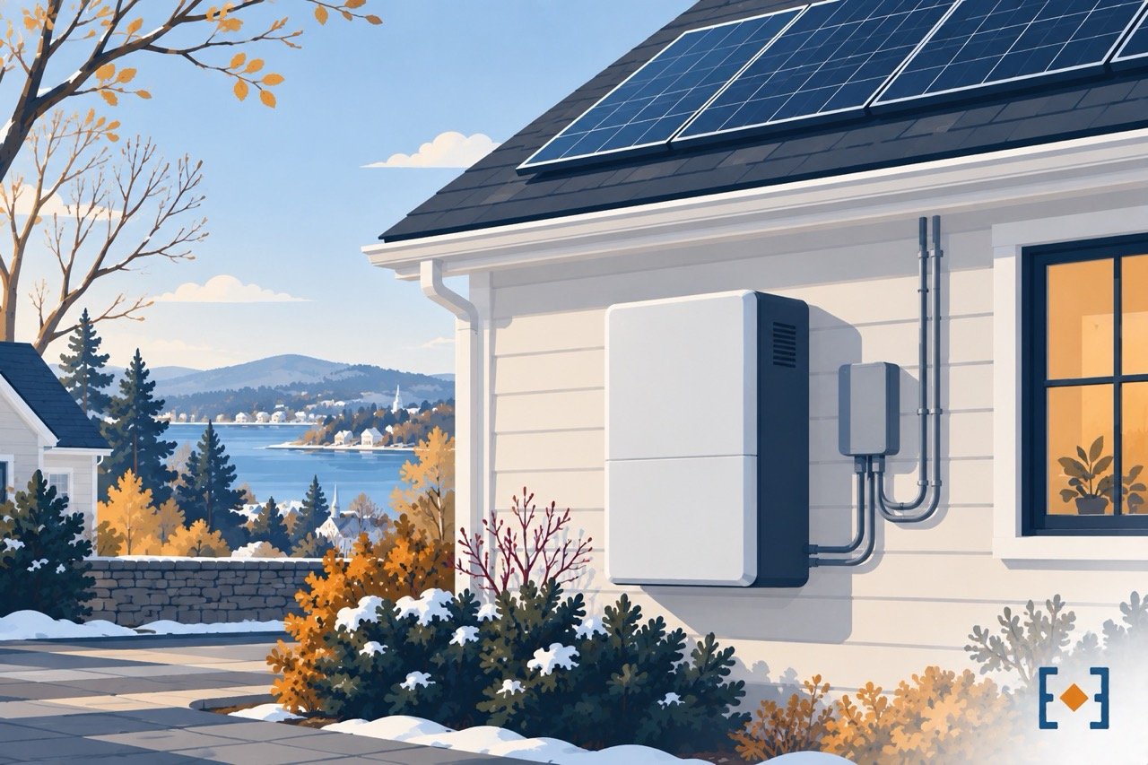 A home battery storage unit installed next to a Massachusetts home with rooftop solar panels.
